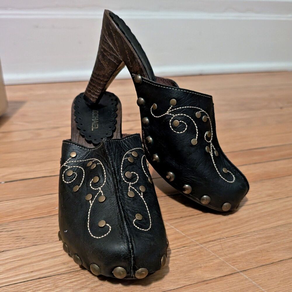Vintage Y2K Eric Michael Clogs Leather Brown Studded Shoes 2000s Size 6